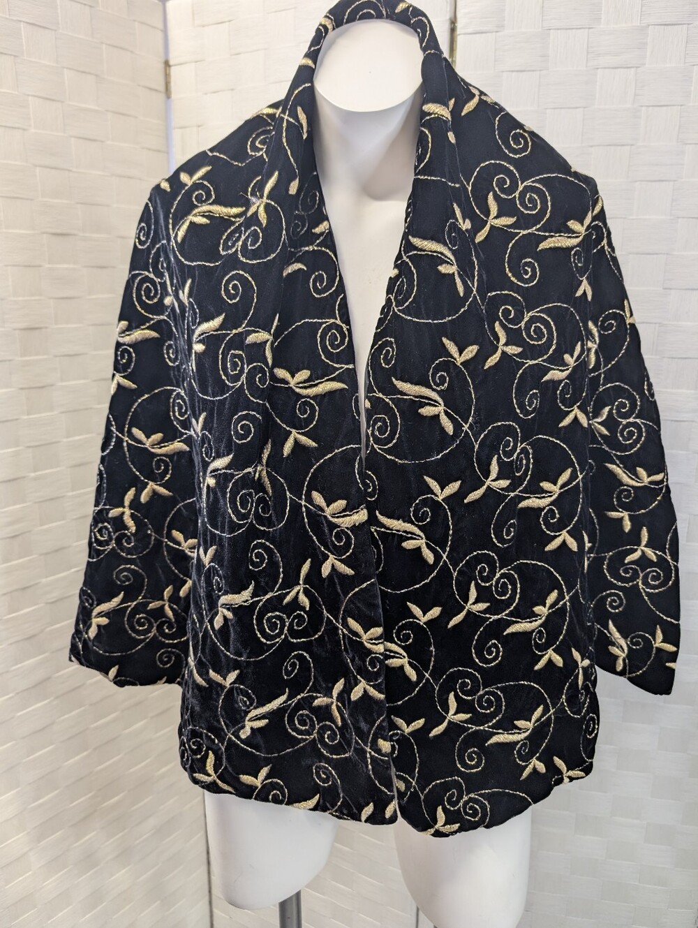 Vintage Wrap/ Scarf- Opera Black Velvet Gold Embroidered Vine Pattern 1980s